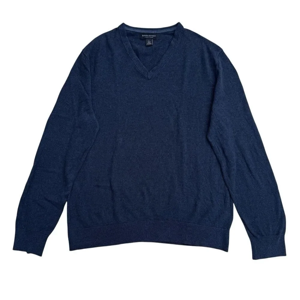 Banana Republic Luxury Blend Mens Silk Cashmere V-Neck Sweater Size‎ L Navy Blue